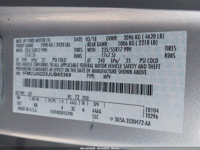 1FMCU0GD5JUB85369 Ford ESCAPE SE