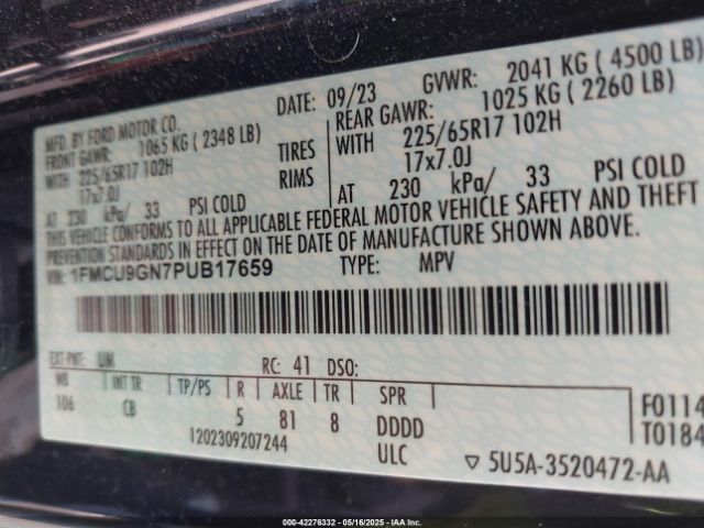 1FMCU9GN7PUB17659 Ford Escape Active