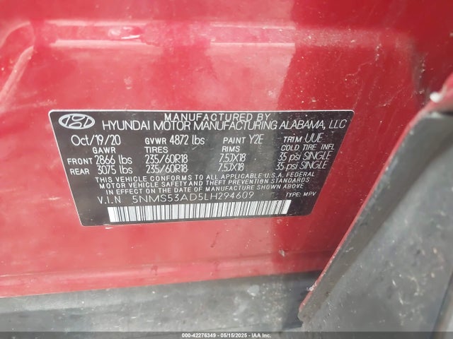 5NMS53AD5LH294609 Hyundai gdi theta ii