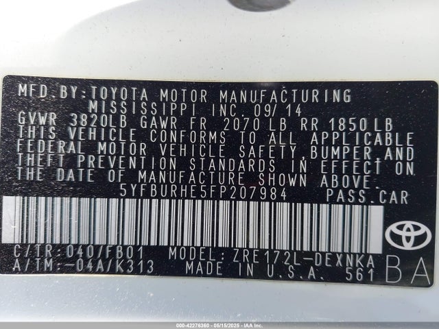 5YFBURHE5FP207984 Toyota 2zr-fe