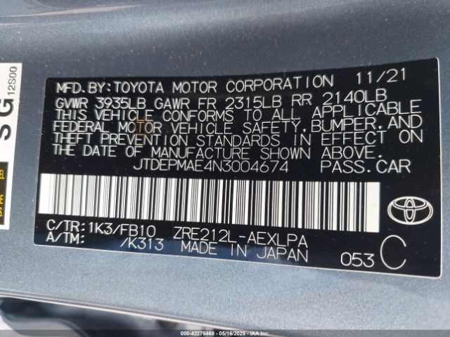 JTDEPMAE4N3004674 Toyota COROLLA LE