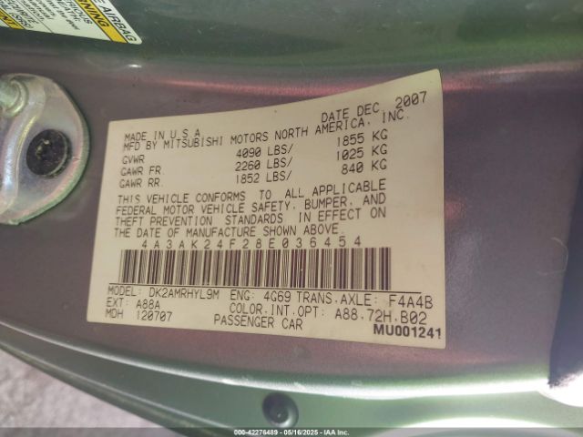 2008 MITSUBISHI ECLIPSE 4A3AK24F28E036454 Photo 8