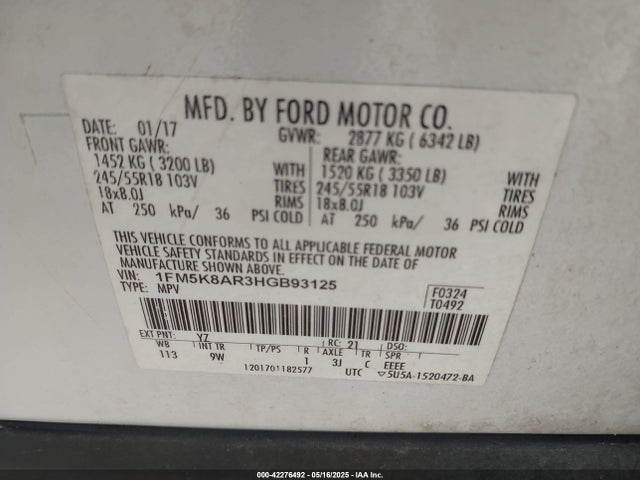 1FM5K8AR3HGB93125 Ford Police Interceptor