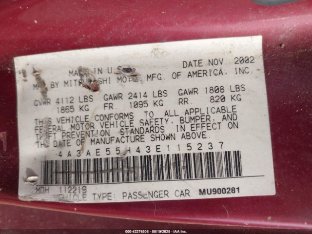 2003 MITSUBISHI ECLIPSE SPYDER 4A3AE55H43E115237 Photo 8