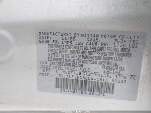 3N1CN8EV8ML826396 Nissan Versa Sv Xtronic Cvt