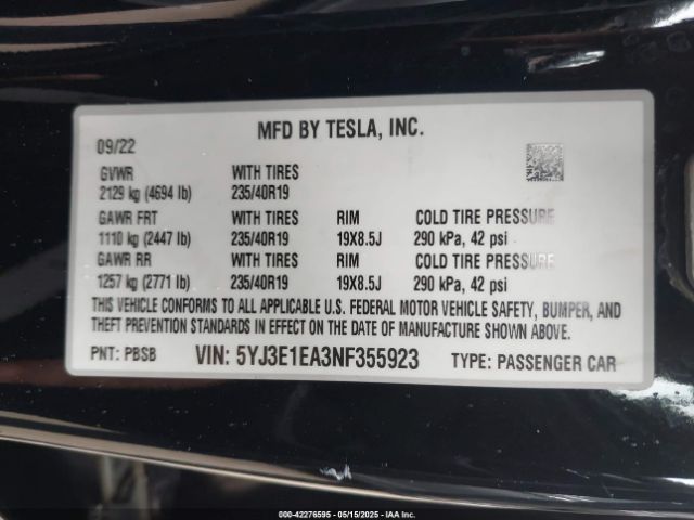 5YJ3E1EA3NF355923 Tesla Model 3 Rear-wheel Drive
