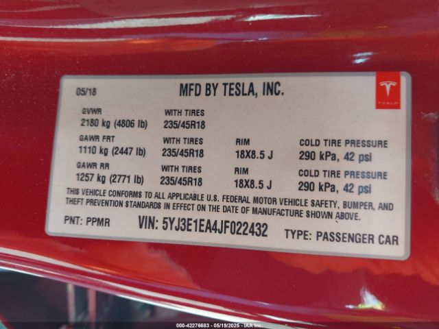 5YJ3E1EA4JF022432 Tesla 2018