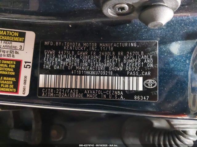 4T1B11HK8KU709218 Toyota CAMRY LE