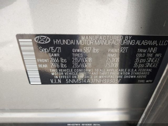 2022 HYUNDAI SANTA FE 5NMS14AJ7NH393037 Photo 8