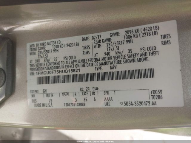 1FMCU0F75HUD15821 Ford ESCAPE S