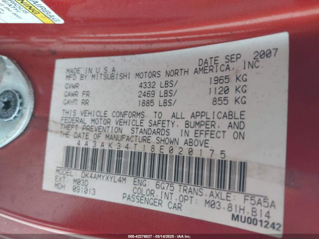 2008 MITSUBISHI ECLIPSE 4A3AK34T18E020175 Photo 8