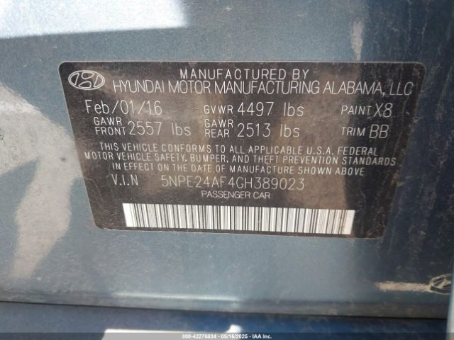 5NPE24AF4GH389023 Hyundai SONATA SE