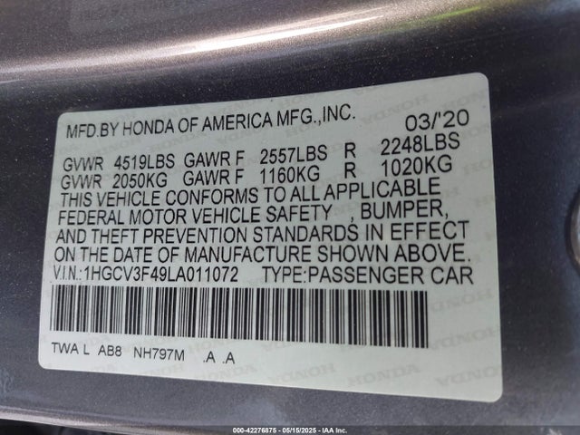 1HGCV3F49LA011072 Honda lfb2