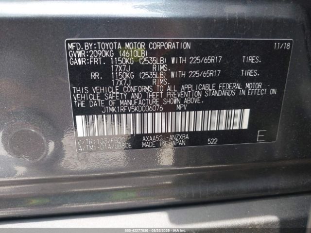 JTMK1RFV5KD006076 Toyota RAV4 LE