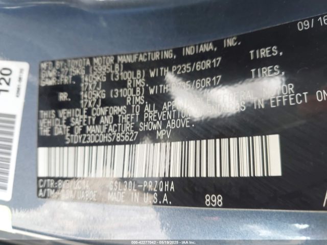 5TDYZ3DC0HS785627 Toyota Sienna Xle 8 Passenger