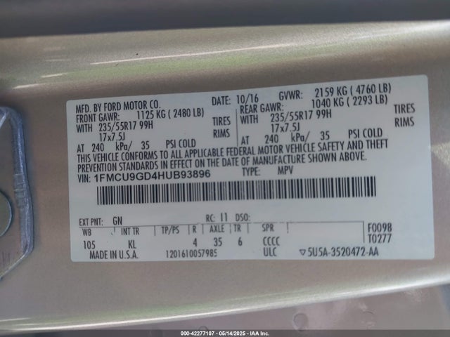 1FMCU9GD4HUB93896 Ford ESCAPE SE