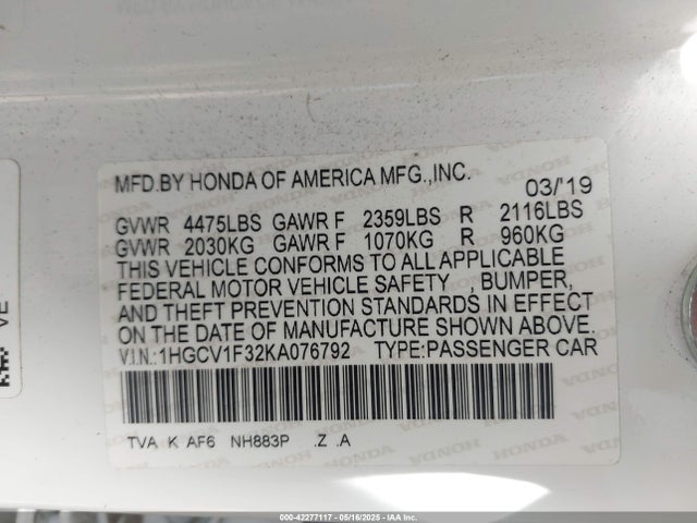 1HGCV1F32KA076792 Honda l15be