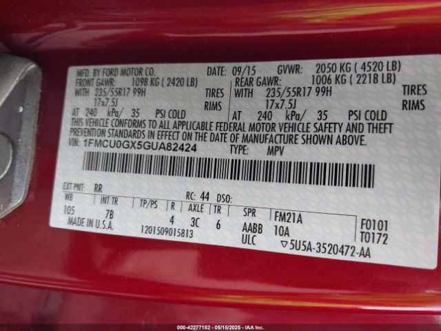1FMCU0GX5GUA82424 Ford ESCAPE SE