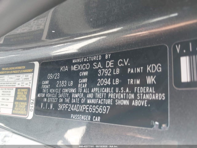 2023 Kia Forte Lxs მანქანა იყიდება აუქციონზე, vin: 3KPF24ADXPE695697, აუქციონის ნომერი: 42277181