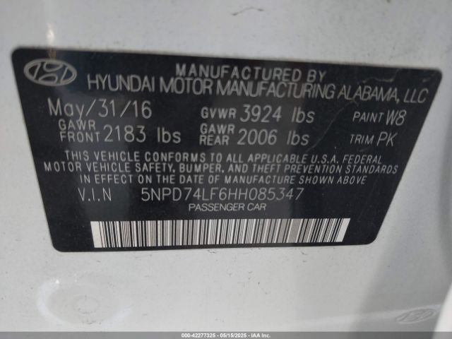 5NPD74LF6HH085347 Hyundai ELANTRA SE