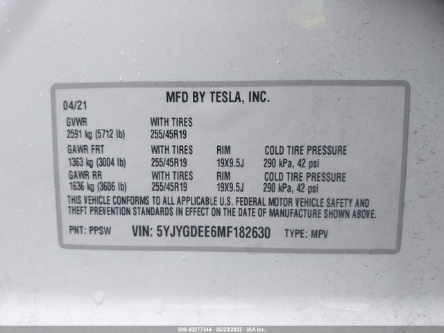 Tesla 2021 2021 5YJYGDEE6MF182630 Image 9