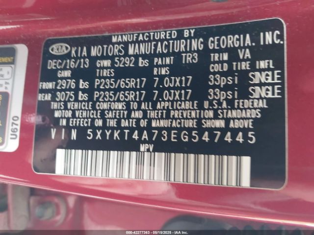 5XYKT4A73EG547445 KIA Sorento Lx V6
