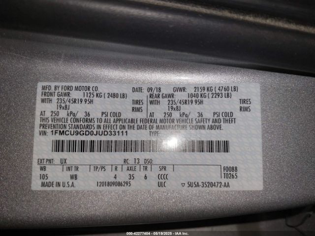 1FMCU9GD0JUD33111 Ford ESCAPE SE