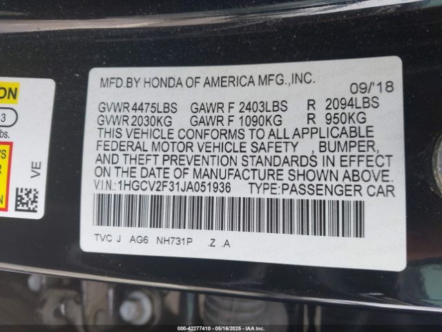 1HGCV2F31JA051936 Honda Accord Sport 2.0t