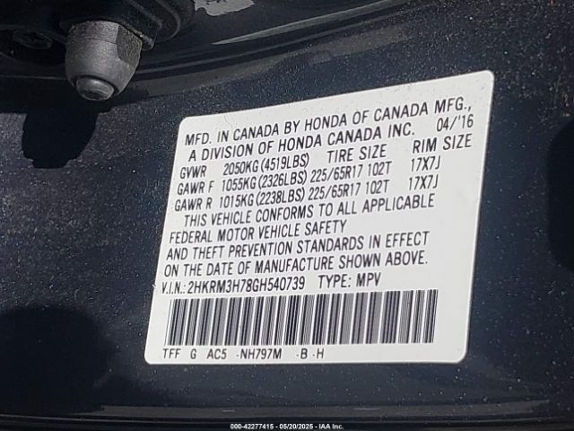 2HKRM3H78GH540739 Honda Cr-v Ex-l