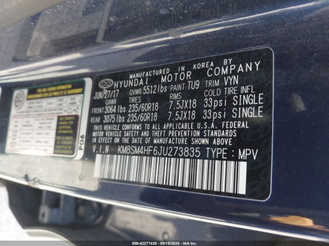 KM8SM4HF6JU273835 Hyundai Santa Fe Se