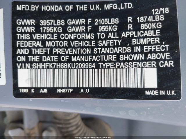SHHFK7H68KU209964 Honda CIVIC EX