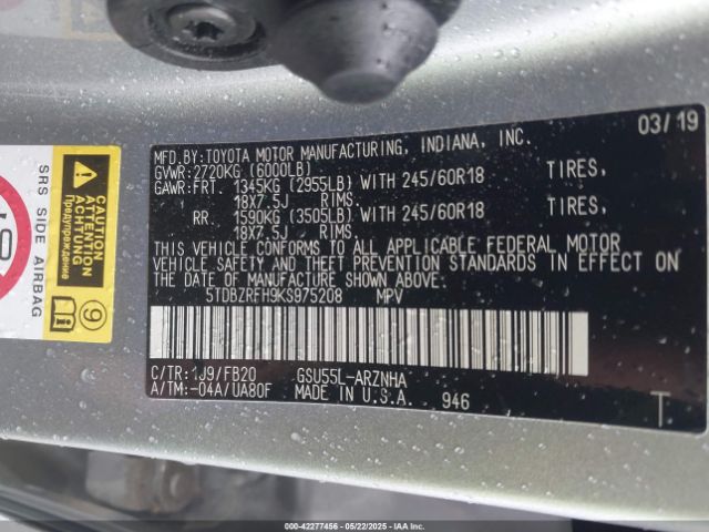 5TDBZRFH9KS975208 Toyota Highlander Le