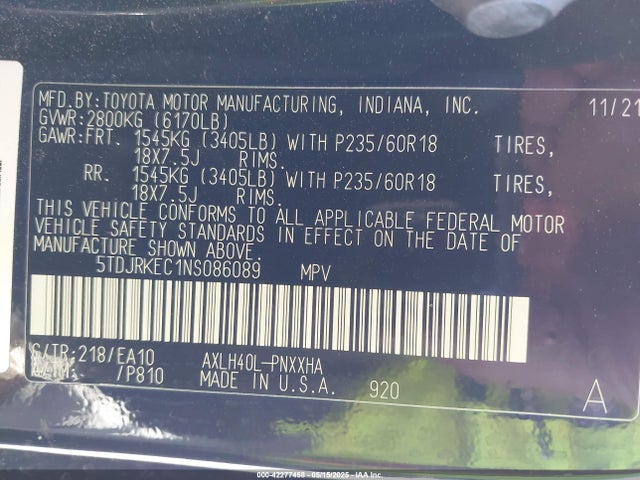 Toyota a25a-fxs, 5nm 2022 5TDJRKEC1NS086089 Image 9