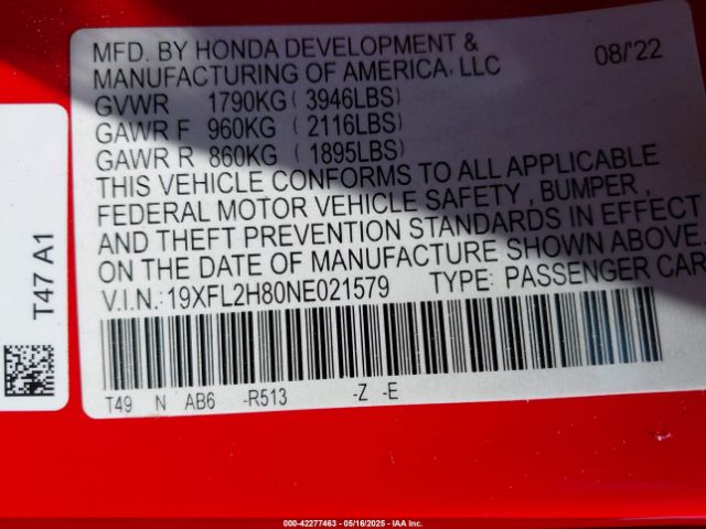 19XFL2H80NE021579 Honda Civic Sport