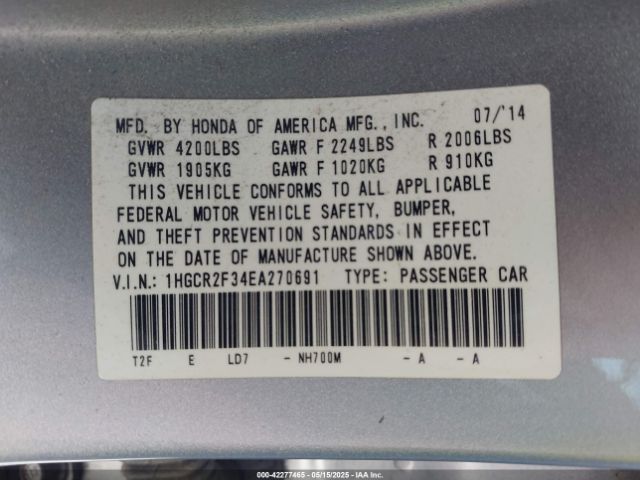 1HGCR2F34EA270691 Honda ACCORD LX
