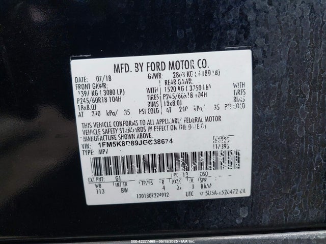 1FM5K8D89JGC38674 Ford EXPLORER XLT