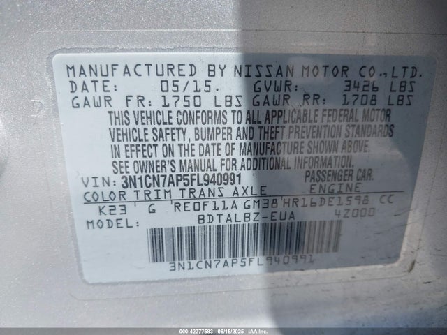 Nissan Versa 1.6 Sv 2015 3N1CN7AP5FL940991 Image 9