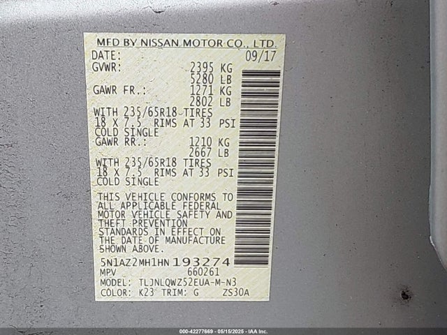 5N1AZ2MH1HN193274 Nissan Murano