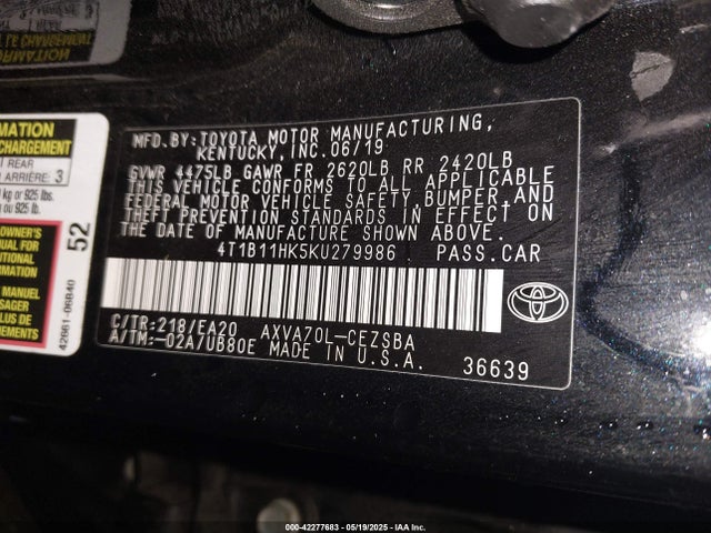 4T1B11HK5KU279986 Toyota CAMRY SE