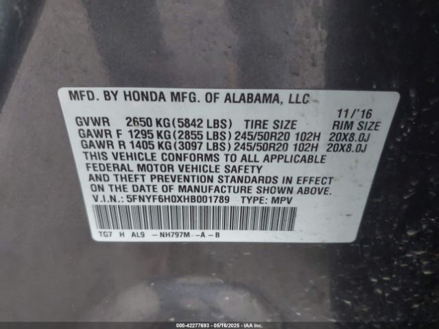 5FNYF6H0XHB001789 Honda Pilot Elite