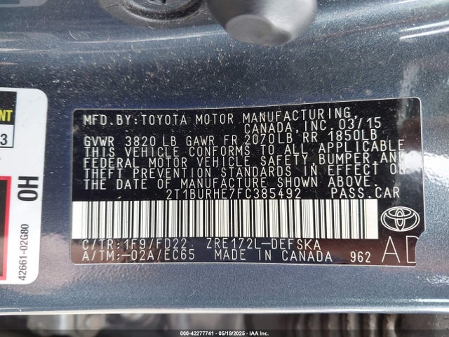2T1BURHE7FC385492 Toyota Corolla S Plus