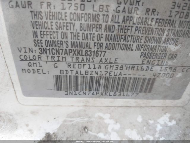 3N1CN7APXKL831677 Nissan Versa 1.6 Sv