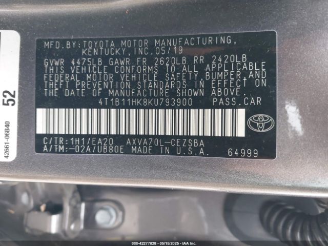 2019 TOYOTA CAMRY 4T1B11HK8KU793900 Photo 8