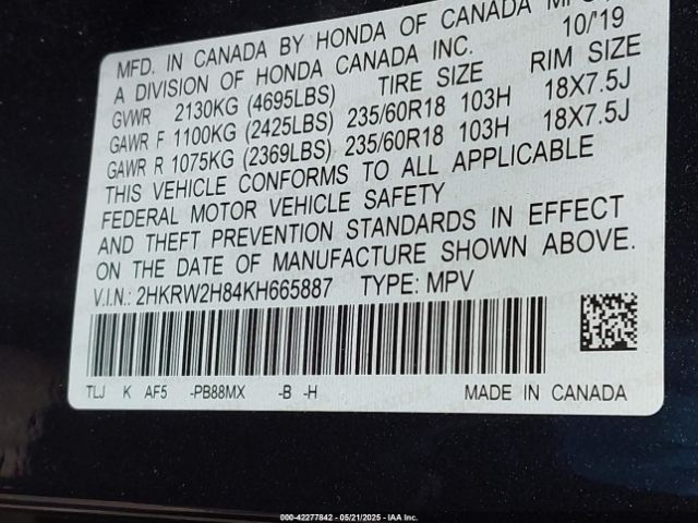 2HKRW2H84KH665887 Honda Cr-v Ex-l