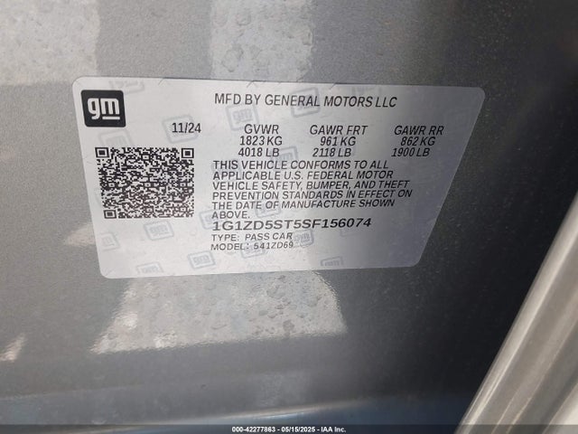 1G1ZD5ST5SF156074 Chevrolet Malibu Fwd 1lt