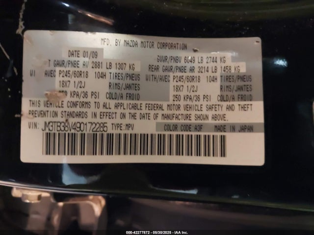 42277872 :رقم المزاد ، JM3TB38V490172285 vin ، 2009 Mazda Cx-9 Touring مزاد بيع