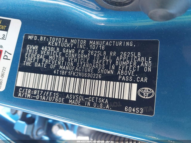 4T1BF1FK2HU690226 Toyota 2ar-fe