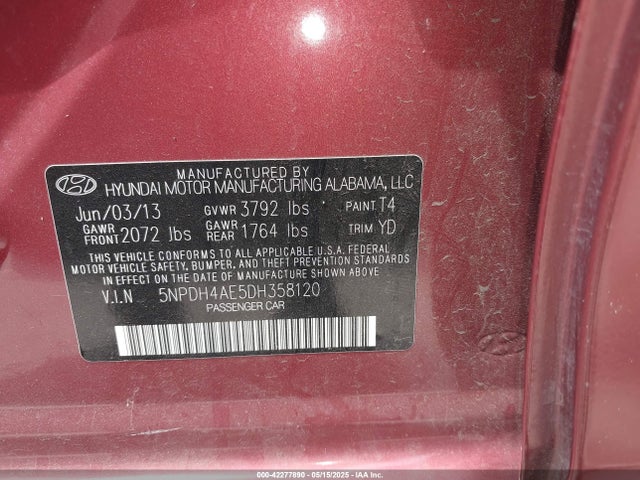 Продаж на аукціоні авто 2013 Hyundai Elantra Gls, vin: 5NPDH4AE5DH358120, номер лоту: 42277890