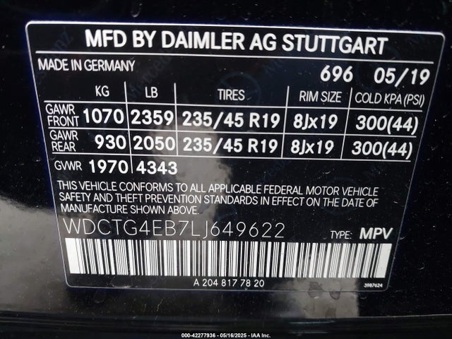 WDCTG4EB7LJ649622 Mercedes-Benz m270