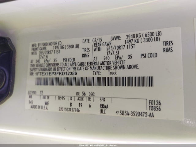 1FTEX1EP3FKD12386 Ford F-150 Xl